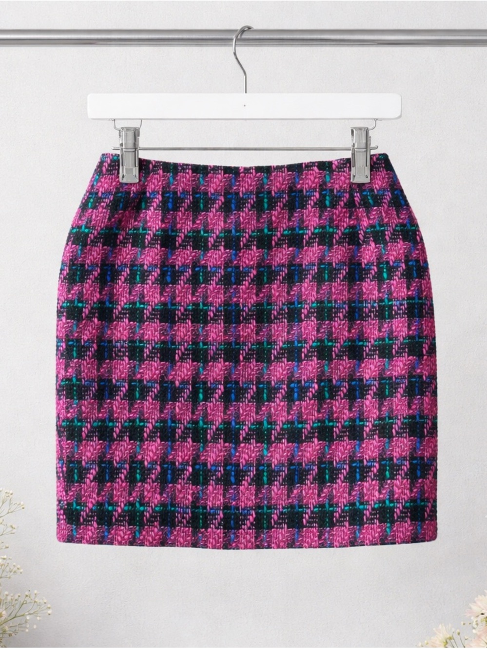 Neiman Marcus Vintage Pink Plaid Tweed Wool Blend Skirt with Green & Navy Check